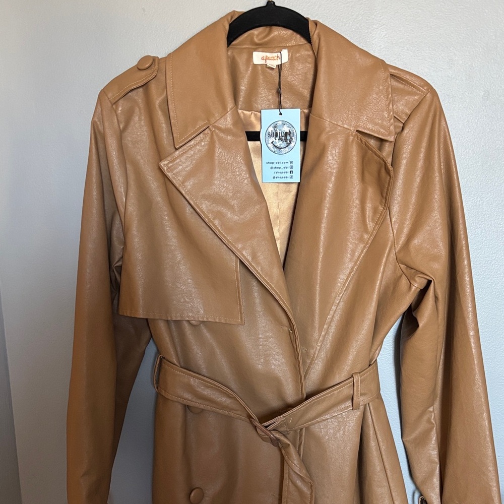 Faux Leather Trench Coat - Tan